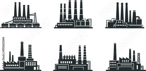 Flat vector illustration of industrial factories, smokestacks, heavy manufacturing plants, energy production, pollution concept, urban infrastructure, silhouette icons, black industrial buildings