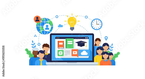 Global E-Learning Platform: Diverse Students Accessing Online Courses, Digital Education, Remote Studying, and Knowledge Sharing Concept Illustration.