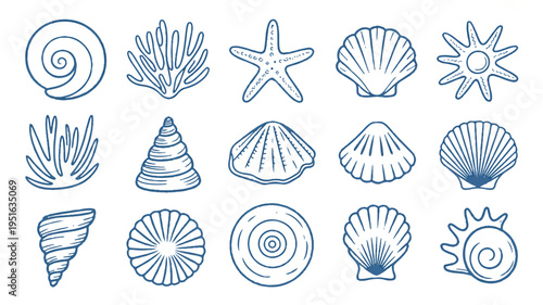 Collection of various ocean sea shell icons including starfish and sun symbols