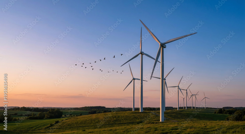 Obraz premium Migrating bird flock passing turbines landscape