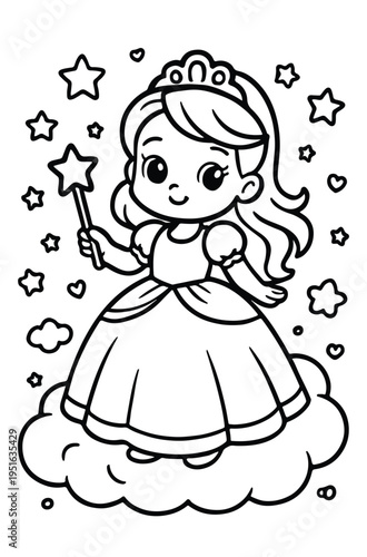 Cute princess standing on a fluffy cloud holding a magic wand, ready for a fairytale adventure in a magical kingdom.