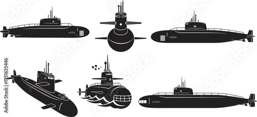 Flat vector illustration of submarines, naval vessels, underwater vehicles, maritime transport, military ships, ocean exploration, silhouette icons, black submarine 