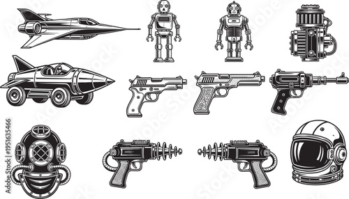 Flat vector illustration of retro sci-fi robots, spacecraft, ray guns, astronaut helmet, diving helmet, futuristic technology, vintage science fiction icons