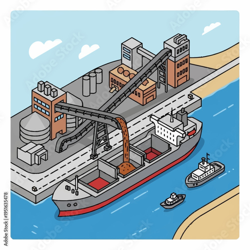 Industrial Bulk Carrier Ship Loading Cargo at Port.