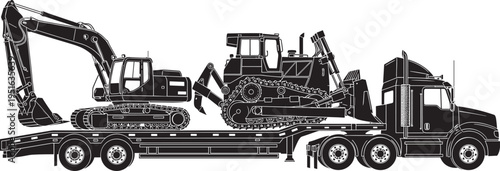 Flatbed semi‑truck, sleeper cab, excavator, bulldozer, heavy construction equipment transport, logistics vehicle, black and white vector illustration, industrial machinery 