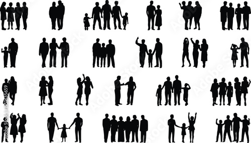 Collection of diverse family and people silhouettes showing parents children groups standing walking interacting isolated black figures for social community unity concept design