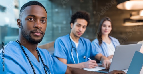 diverse, multiethnic students in blue scrubs using laptops while sitting at a table and working together with a male doctor. 