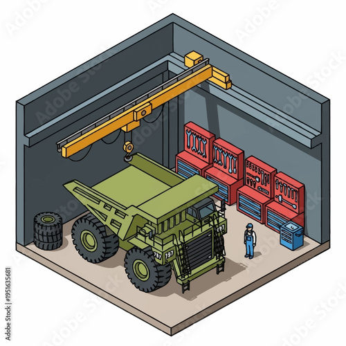 Massive mining truck undergoing maintenance inside industrial facility.