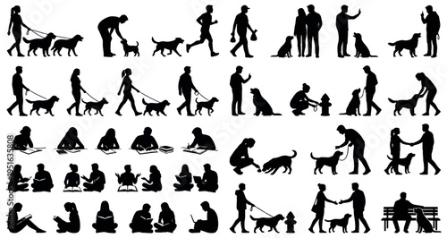 Urban Dog Walkers Silhouettes Set Pack. Editable Vector Stroke Illustration. featuring vector, silhouette, human, dog, pet, walking, running, training, interaction, leash, couple, man, woman more