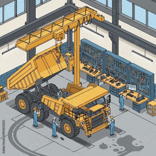 Giant yellow mining dump truck undergoing maintenance in industrial workshop.