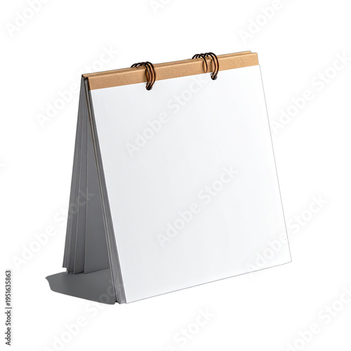 A blank white tabletop calendar or desk flip chart with a cardboard stand and metal rings, isolated on a black background.