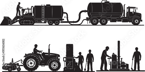 Industrial workers operating vacuum truck system, forklift, tractor, heavy machinery, construction equipment, agriculture, logistics, silhouette vector illustration, black and white industrial scene, 