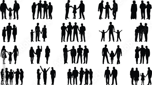 Collection of family silhouettes showing parents children and groups in various poses representing unity relationships diversity togetherness love and social connections isolated on white background