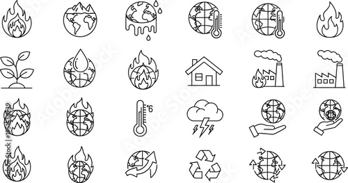 Climate change and global warming line icons set environment pollution temperature earth sustainability ecology vector illustration collection