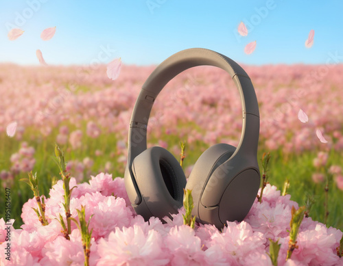 Headphones in a flower blossom Field