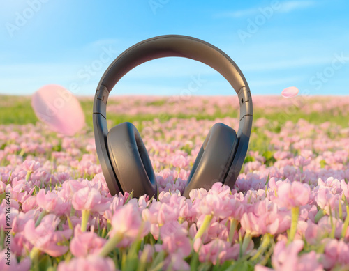 Headphones in a flower blossom Field
