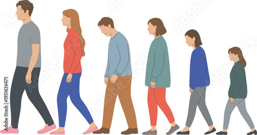 Flat Illustration of Diverse Group of People Walking in Line From Adults to Children in Casual Clothes Isolated on White for Community Concept