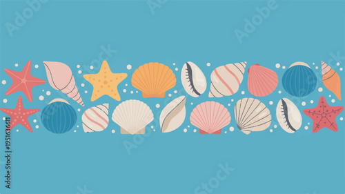 Vibrant Collection of Diverse Sea Shells and Stars on Blue Background