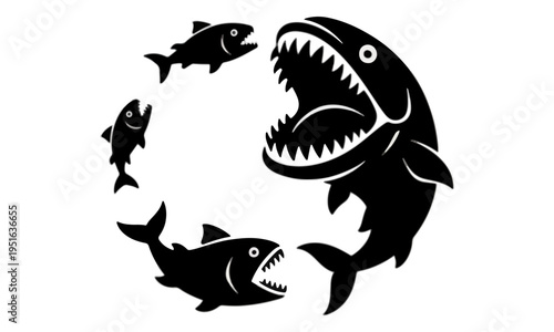 Black silhouette of hungry shark eating fish.