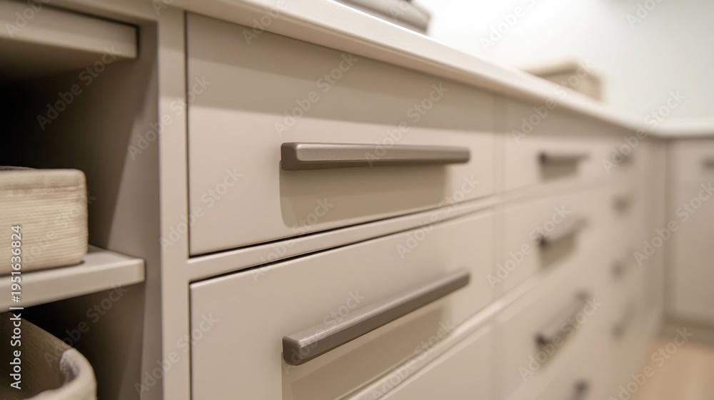 Fototapeta premium Modern Close-Up of Elegant Drawer Handles on Stylish Light-Colored Kitchen Cabinetry in Contemporary Interior Design