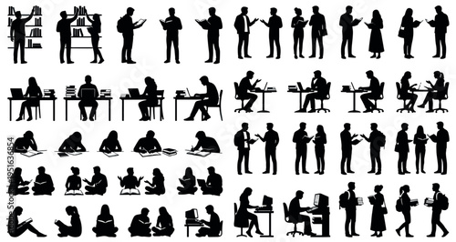 Library Research Activities Silhouettes Set Pack. Editable Vector Stroke Illustration. featuring vector, graphic, silhouette, human, dog, people, animal, walking, running, sitting, studying more