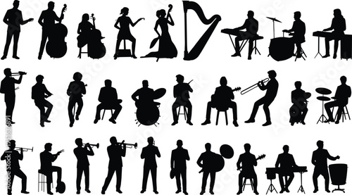Collection of musician silhouettes playing various instruments including guitar violin harp drums trumpet and keyboard, diverse band performers isolated on white background for music concept design