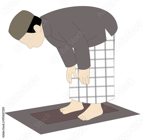 A Muslim man in traditional attire performing the Ruku' bowing posture during prayer on a prayer mat, depicted in a simple illustration.