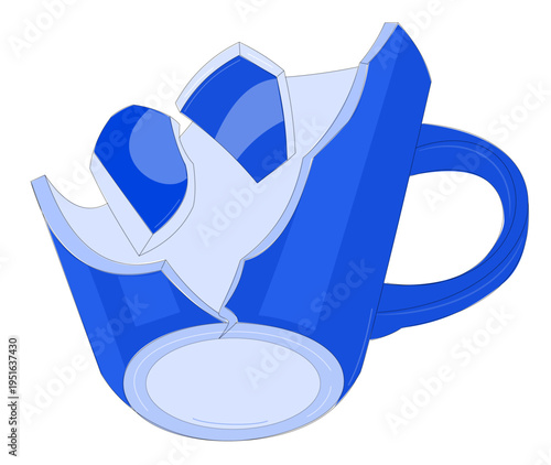 A blue ceramic mug shattered into multiple pieces, illustrating breakage, fragility, and the concept of damage or repair.