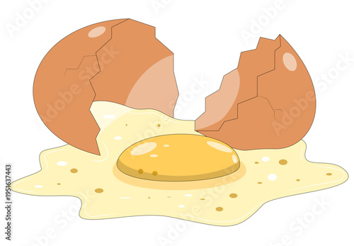 A cartoon illustration of a brown egg cracked open with its yolk and white spilled out.