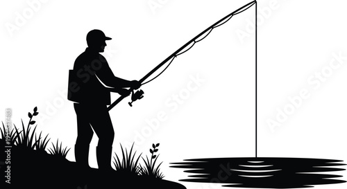Fishing man river silhouette vector illustration design graphic, outdoor recreation nature hobby art concept, black and white decorative creative collection