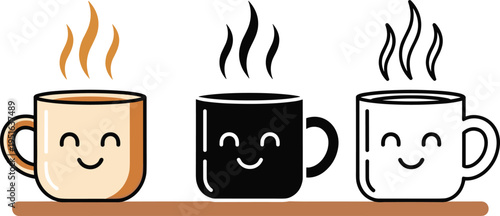 Cute coffee cup character set smiling hot drink mug cartoon cafe beverage icon vector illustration collection isolated