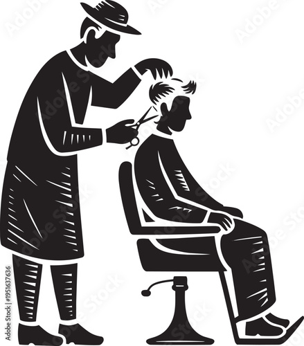 Barber cutting man hair in salon, retro style illustration of haircutting process for vintage barber shop design