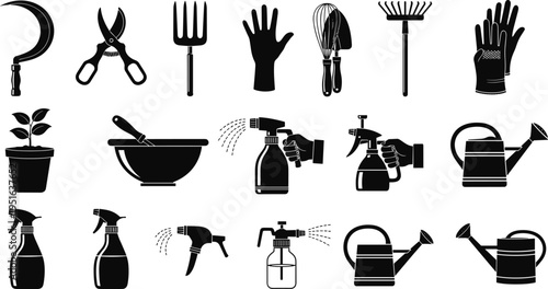 Canvastavla Black gardening tools vector silhouette set featuring watering cans spray bottles hand rake trowel and pruning shears for horticulture design