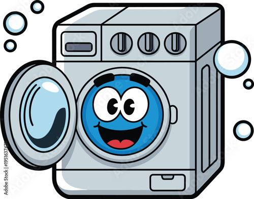 Cute cartoon washing machine character with smiling face and soap bubbles, playful household appliance illustration, cleaning concept, fun laundry mascot design for kids and home care themes