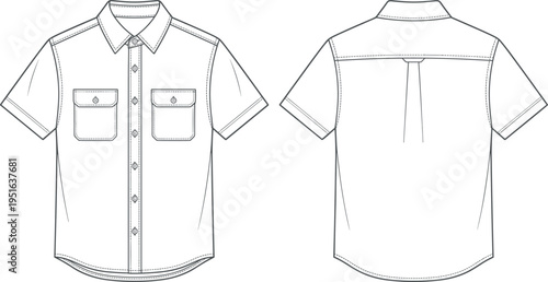 Short sleeve button up shirt technical flat sketch vector illustration design, apparel fashion garment construction art concept, detailed decorative creative collection