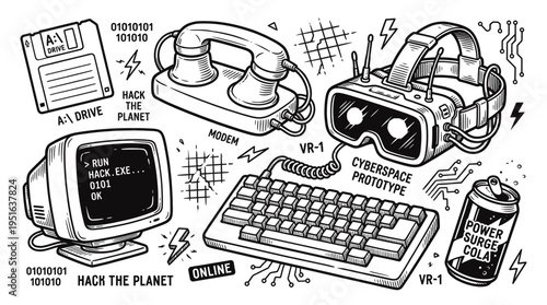 Retro Cyberpunk Tech and Hacker Culture Vector Illustration Set Featuring Vintage Computer, VR Headset, and Floppy Disk