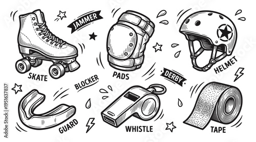 Vintage Hand-Drawn Roller Derby Equipment Vector Illustration Set with Roller Skates, Helmet, Knee Pads, Whistle, and Mouth Guard