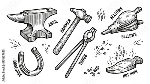 Blacksmith tools set vintage hand drawn engraving style vector illustration featuring anvil, hammer, bellows, tongs, horseshoe and hot iron.