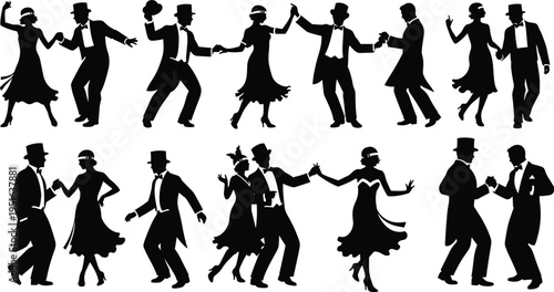 Vintage dancing couples silhouette vector illustration design graphic, 1920s jazz age fashion art concept, black and white decorative creative collection