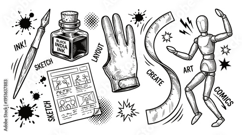 Comic Book Art Supplies Vector Illustration Set with Ink Pen Artist Mannequin and Storyboard Layout