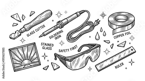 Vintage Hand Drawn Stained Glass Making Tools Set with Glass Cutter, Soldering Iron, Copper Foil, and Safety Goggles Vector Illustration