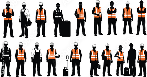 Construction workers silhouette vector illustration design graphic, industrial safety workforce equipment art concept, black and white decorative creative collection
