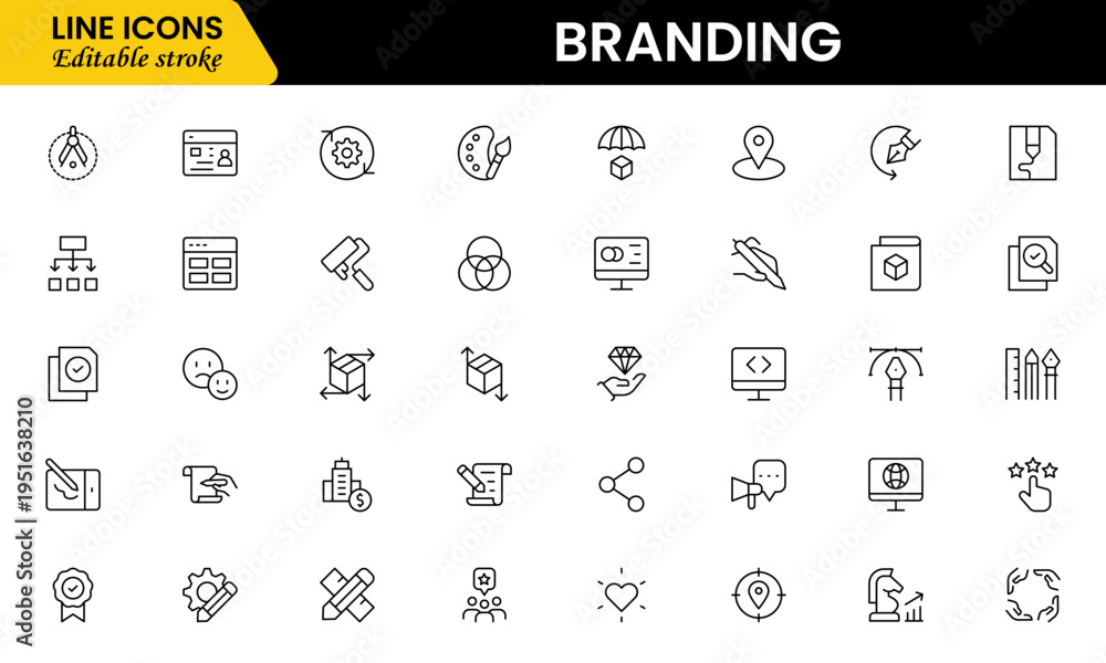 Fototapeta premium Branding icon set. Containing marketing, product, brand value, design, logo, brand development, social media, advertising and loyal customers icons