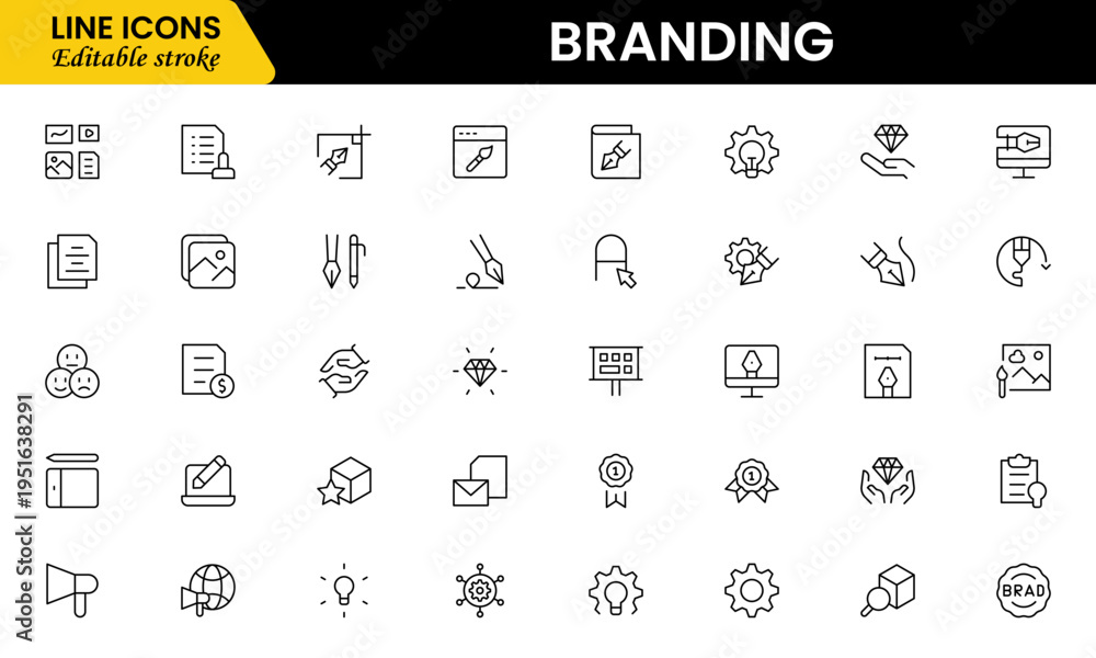 Fototapeta premium Branding icon set. Containing marketing, product, brand value, design, logo, brand development, social media, advertising and loyal customers icons