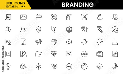 Branding icon set. Containing marketing, product, brand value, design, logo, brand development, social media, advertising and loyal customers icons