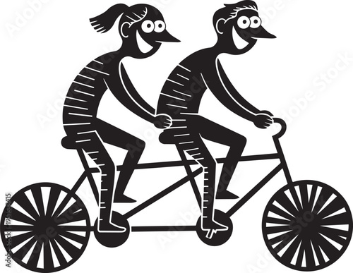 Couple riding tandem bicycle, man and woman cycling together, silhouette on transparent background, vector illustration