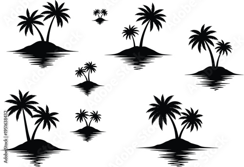 Tropical island palm tree silhouette vector illustration design graphic, vacation travel relaxation scenery art concept, black and white decorative creative collection