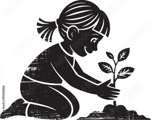 Girl planting seedling outdoors nature growth gardening child activity planting tree fresh sprout hands in soil garden