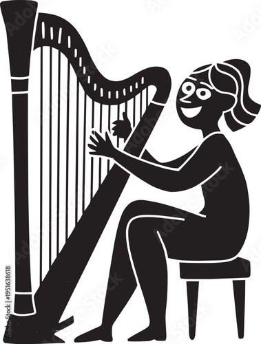 Girl playing harp, musical instrument, classical music, concert, black silhouette on checkered background, performance art