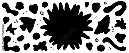 Bird and cutout paper silhouette set with folk sun for scrapbook and collage. Naive bird shapes in bold black linocut on white paper. Vector folklore sticker cutout set with organic silhouette element